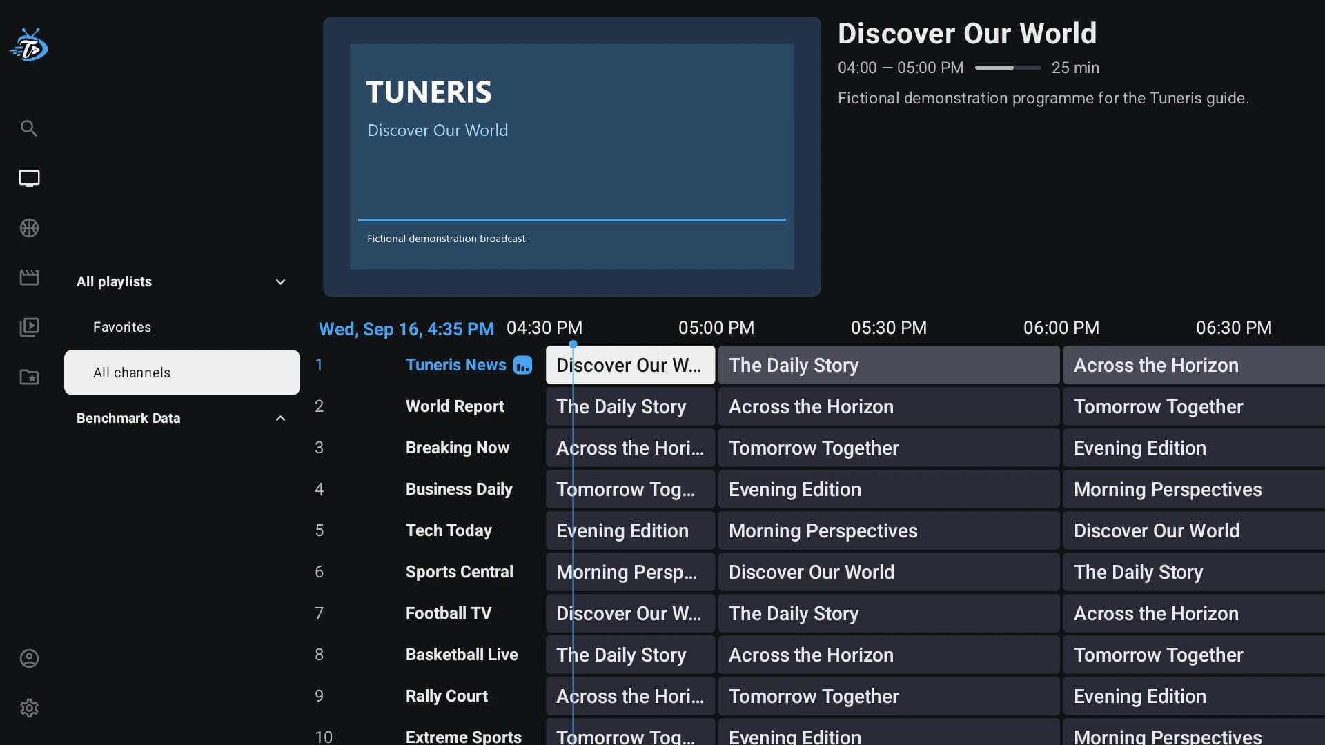 Tuneris TV guide populated with fictional channels and programme schedules